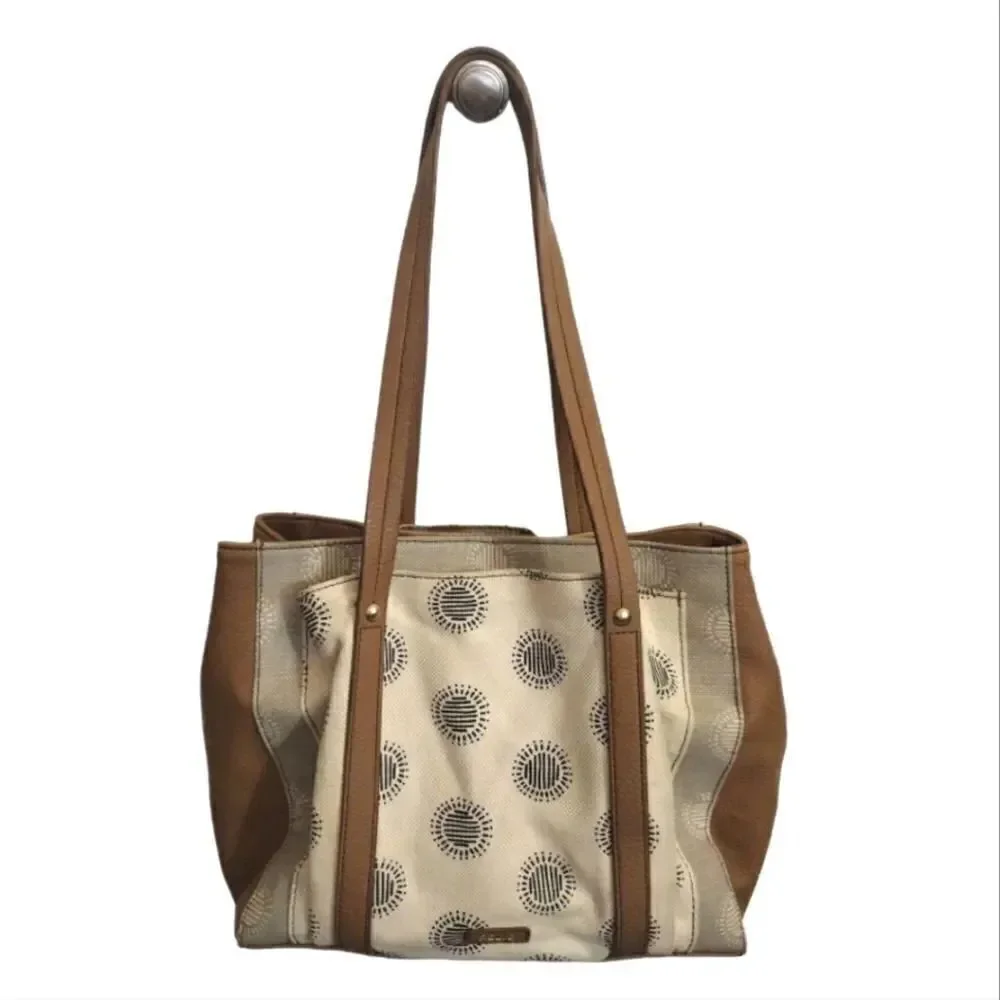 RELIC Printed Cream Canvas and Tan Faux Leather Shoulder Tote‎ Bag